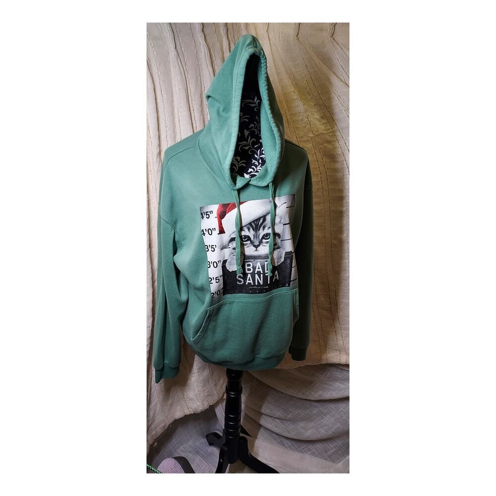 Green Bad Santa Kitten Christmas Graphic Print Hoodie Size L